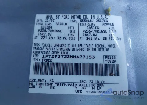 1998 Ford F-150 Standard/Xl/Xlt z USA, uszkodzony, nr VIN 1FTZF1723WNA77153